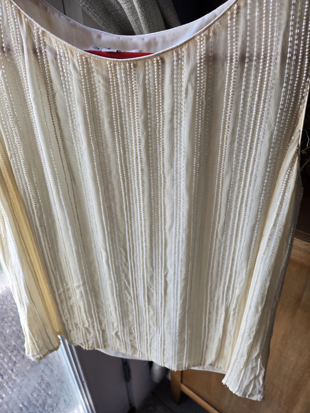 Tahari Cream Beaded Scoop Neck Top